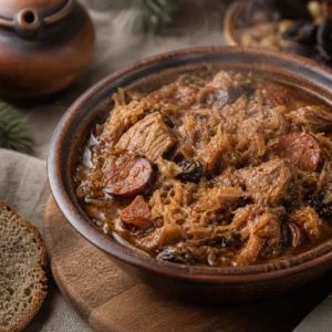 Polish bigos hunter's stew with sauerkraut, cabbage, smoked sausage, pork, dried plums, and rye bread in an earthenware bowl.
