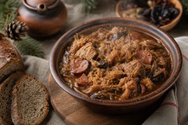 Polish bigos hunter's stew with sauerkraut, cabbage, smoked sausage, pork, dried plums, and rye bread in an earthenware bowl.