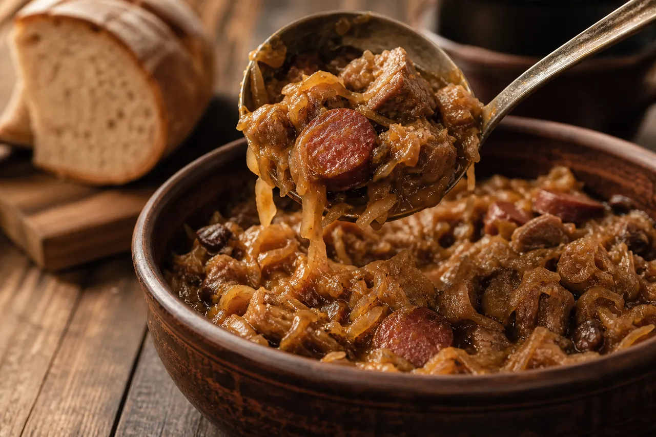 A close-up serving of Polish bigos with sauerkraut, cabbage, smoked sausage, pork, and rich stew being ladled into a bowl.