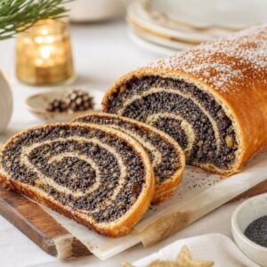 Sliced Polish makowiec poppy seed roll with a dense spiral filling and powdered sugar.