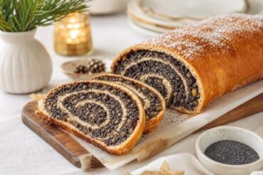 Sliced Polish makowiec poppy seed roll with a dense spiral filling and powdered sugar.