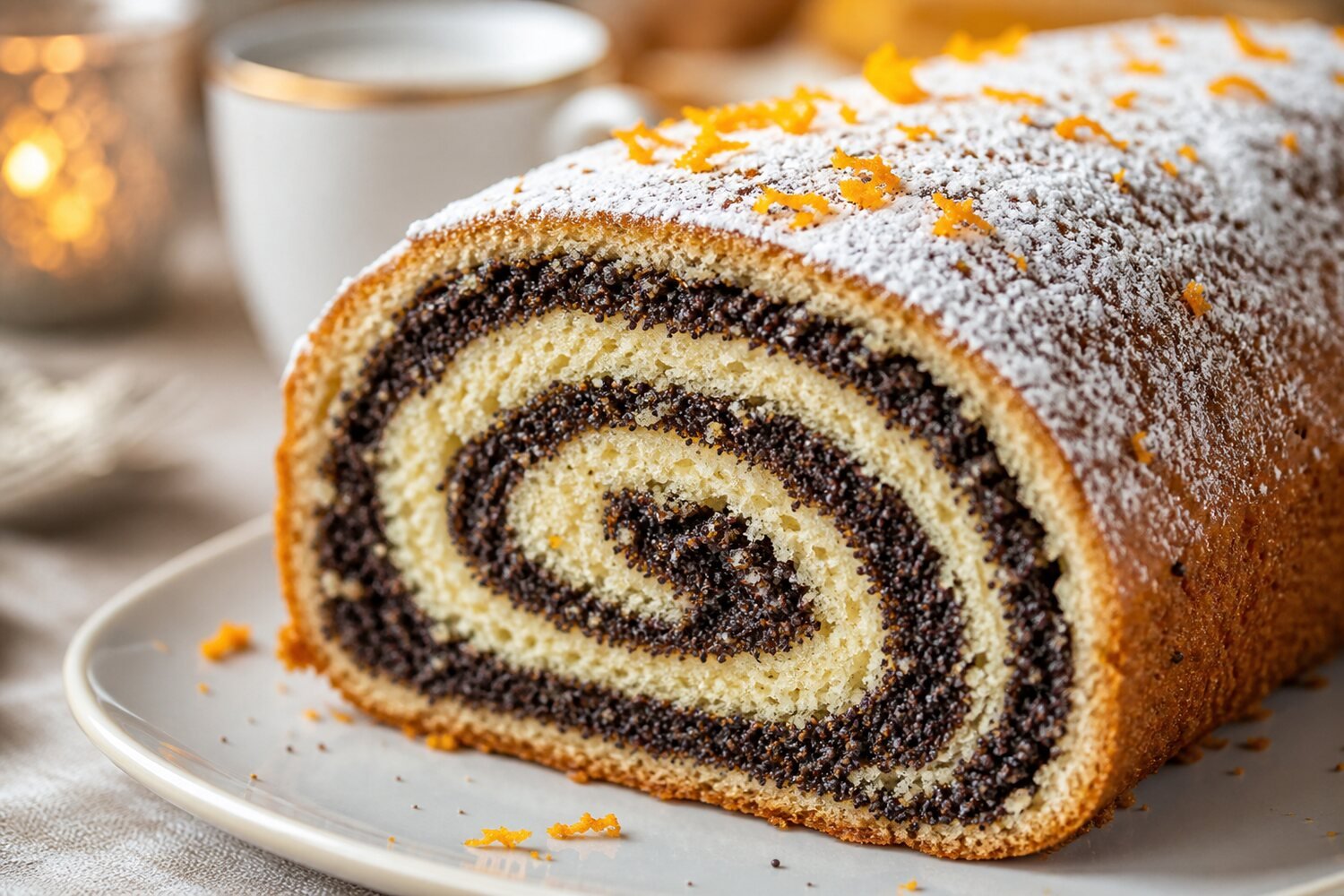 Close-up Polish makowiec showing a tender crumb, poppy seed spiral, powdered sugar, and orange zest.
