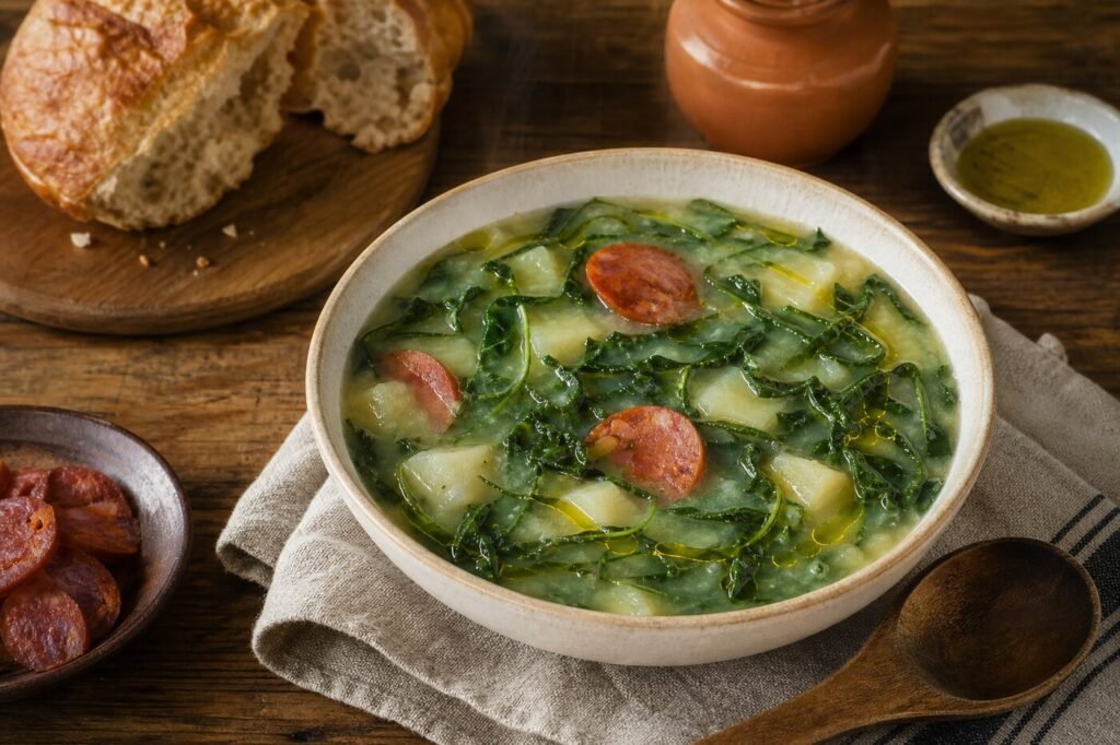 Portuguese caldo verde potato and kale soup with slices of chouriço and rustic bread.