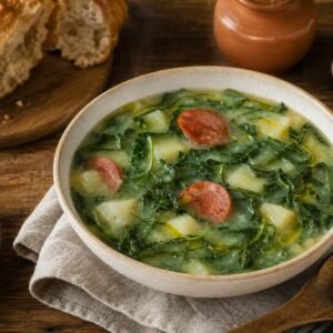 Portuguese caldo verde potato and kale soup with slices of chouriço and rustic bread.