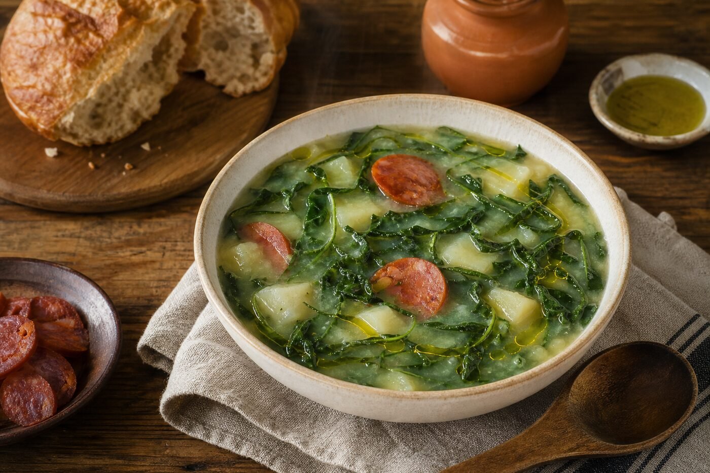 Portuguese caldo verde potato and kale soup with slices of chouriço and rustic bread.