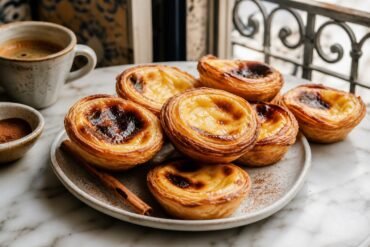 Portuguese pastel de nata custard tarts with flaky pastry, blistered tops, and cinnamon on a cafe table.