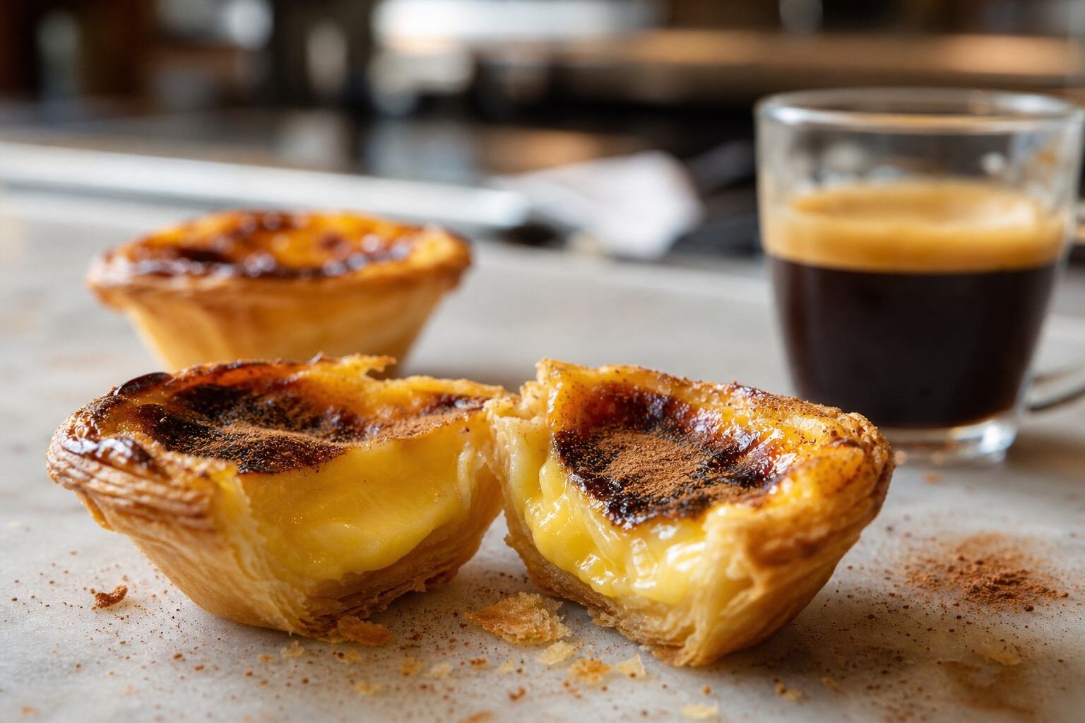 A broken-open pastel de nata showing crisp flaky pastry and silky custard beside espresso and cinnamon.