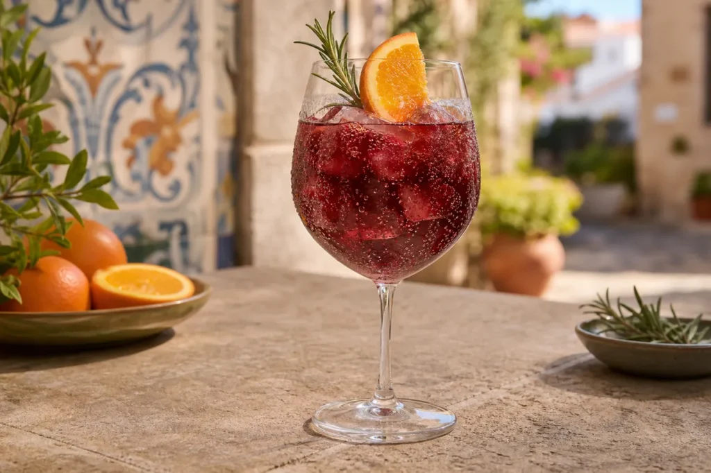 A chilled Portuguese port tonic with ruby port, tonic water, ice, orange peel, rosemary, and condensation in a wine glass.