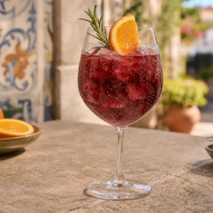 A chilled Portuguese port tonic with ruby port, tonic water, ice, orange peel, rosemary, and condensation in a wine glass.