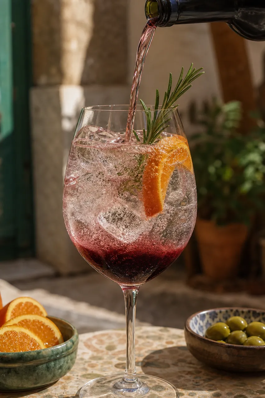 Ruby port being poured over ice, orange peel, rosemary, and tonic bubbles in a Portuguese port tonic.