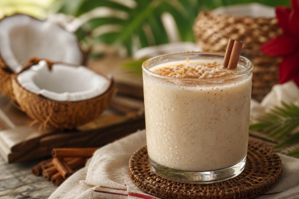 Puerto Rican coquito coconut rum drink with cinnamon, nutmeg, toasted coconut, and a cinnamon stick.