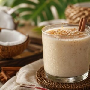Puerto Rican coquito coconut rum drink with cinnamon, nutmeg, toasted coconut, and a cinnamon stick.