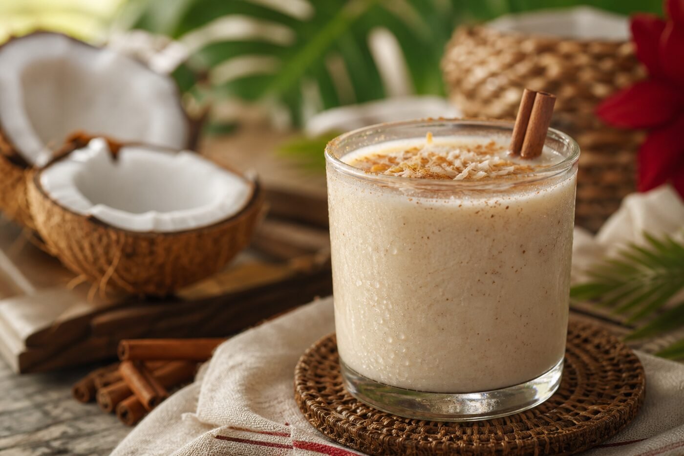 Puerto Rican coquito coconut rum drink with cinnamon, nutmeg, toasted coconut, and a cinnamon stick.