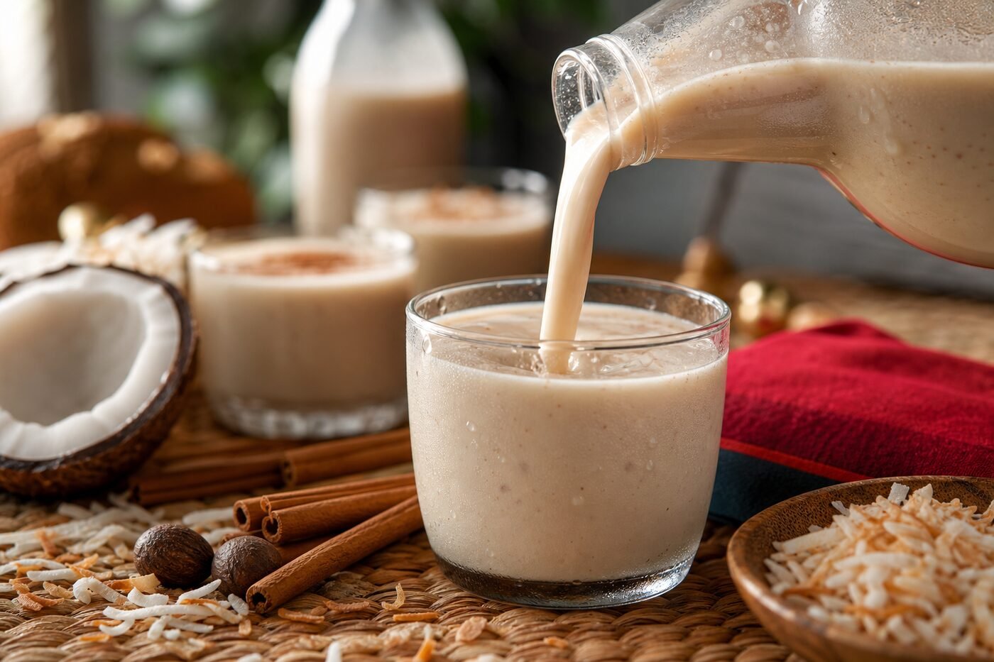 Creamy Puerto Rican coquito being poured into a chilled glass with cinnamon and nutmeg.