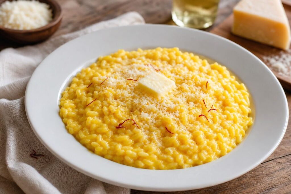 Creamy golden saffron risotto alla Milanese with parmesan served in a shallow white bowl.