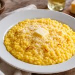 Creamy golden saffron risotto alla Milanese with parmesan served in a shallow white bowl.