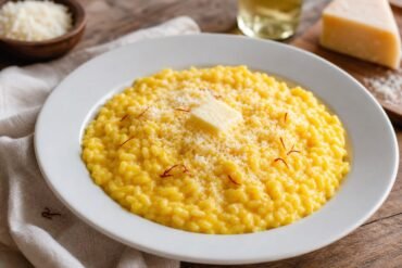 Creamy golden saffron risotto alla Milanese with parmesan served in a shallow white bowl.