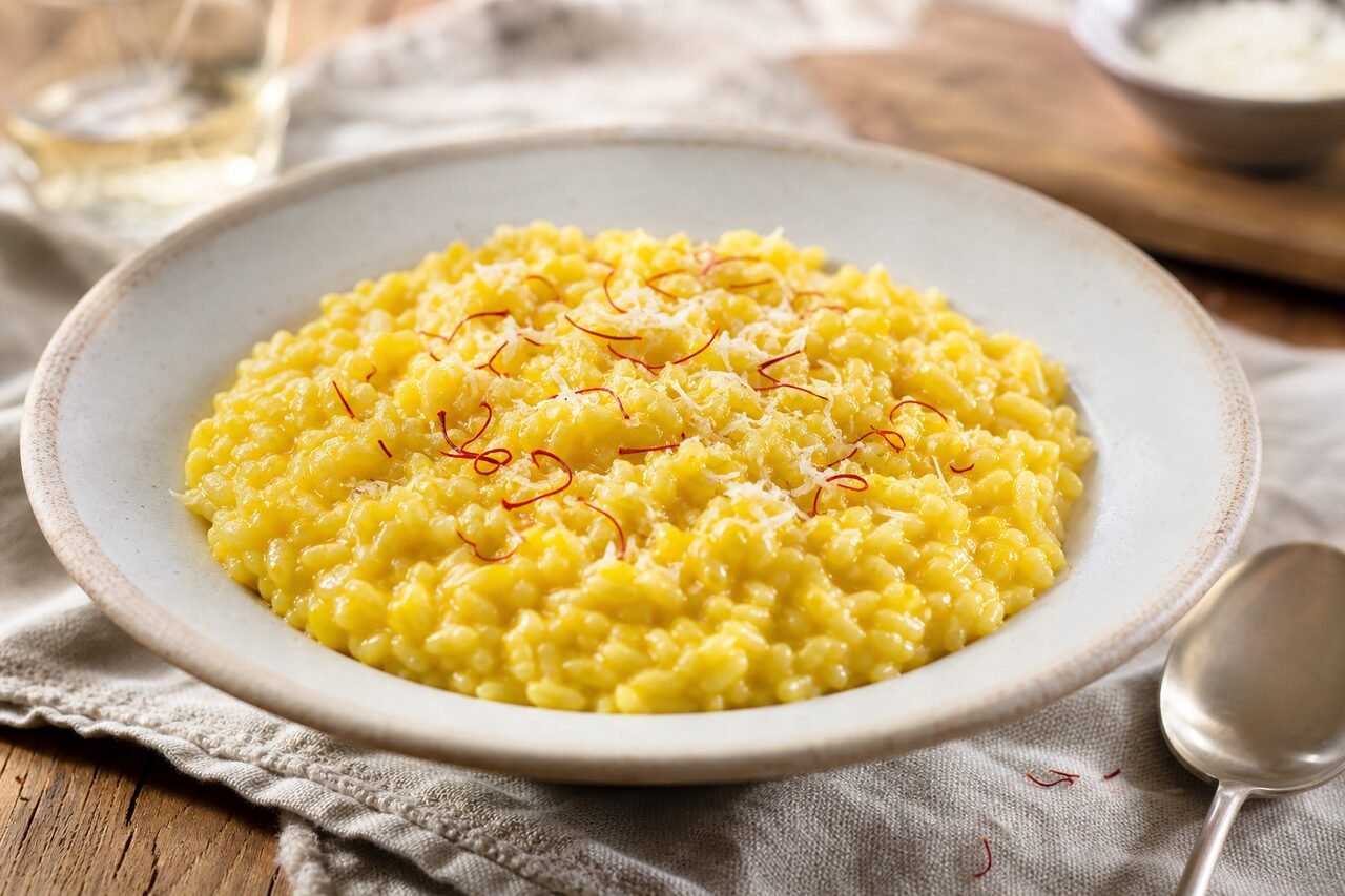 Close serving of saffron risotto alla Milanese with creamy grains, parmesan, and saffron threads.
