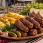 Romanian mici grilled meat rolls served with mustard, pickles, fries, and parsley.