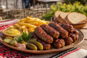 Romanian mici grilled meat rolls served with mustard, pickles, fries, and parsley.