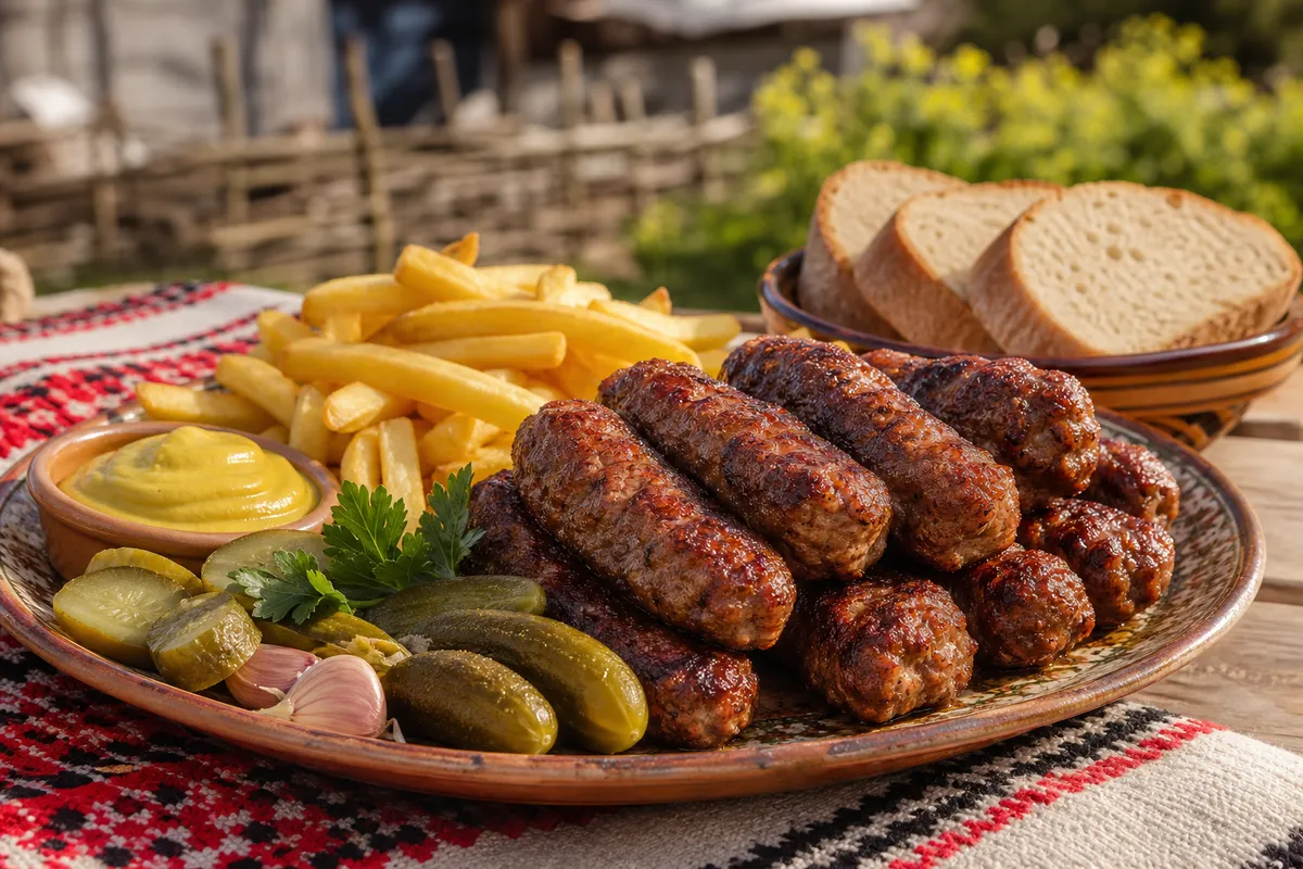 Romanian mici grilled meat rolls served with mustard, pickles, fries, and parsley.