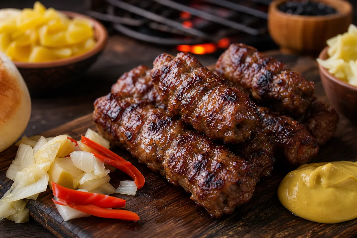 A close-up of browned Romanian mici fresh from the grill with mustard and pickles.