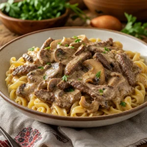 Classic Russian beef stroganoff with tender beef, mushrooms, sour-cream sauce, and buttered egg noodles.