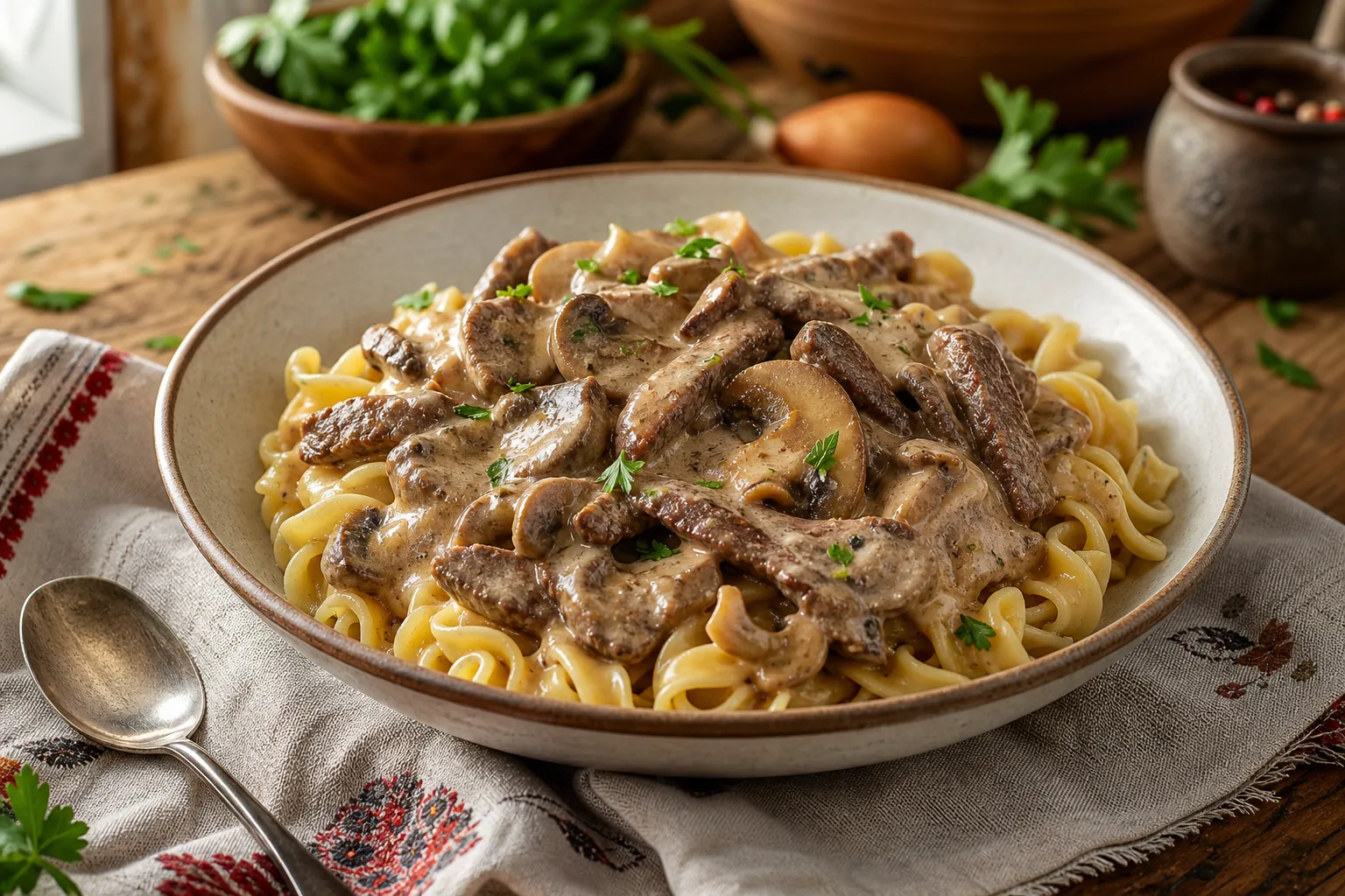 Classic Russian beef stroganoff with tender beef, mushrooms, sour-cream sauce, and buttered egg noodles.