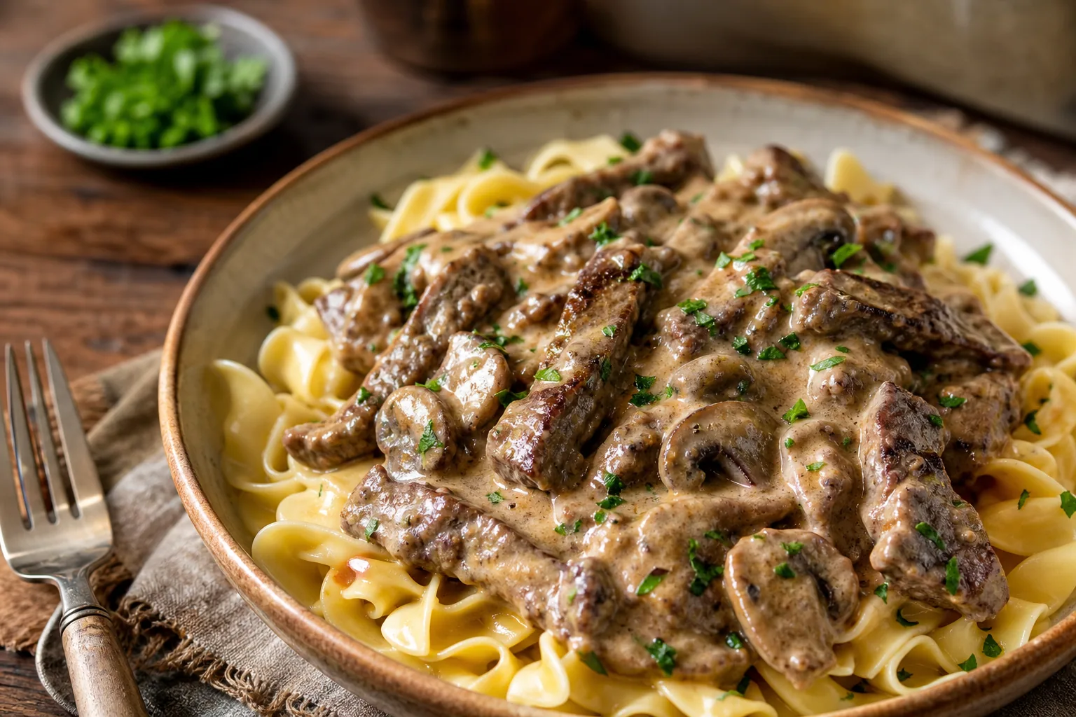 A close-up serving of beef stroganoff with mushrooms and creamy sauce over buttered egg noodles.