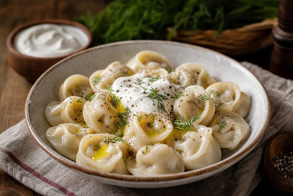 Russian pelmeni dumplings with sour cream, dill, melted butter, and black pepper in a cozy bowl.