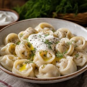 Russian pelmeni dumplings with sour cream, dill, melted butter, and black pepper in a cozy bowl.
