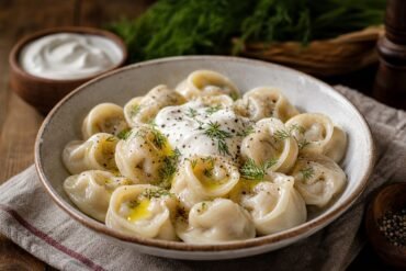 Russian pelmeni dumplings with sour cream, dill, melted butter, and black pepper in a cozy bowl.