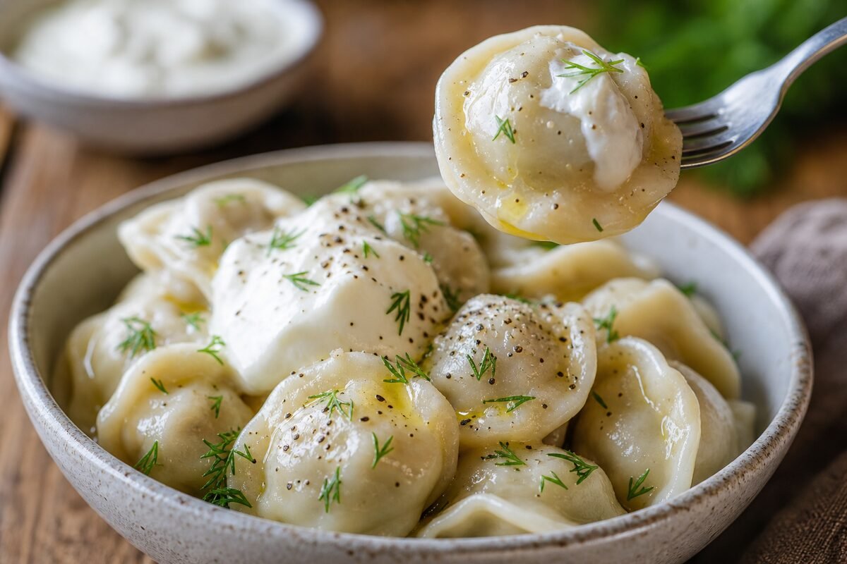 Close serving of Russian pelmeni with sour cream, dill, melted butter, and a tender meat-filled dumpling.