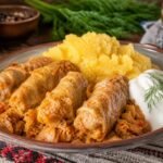 Romanian sarmale cabbage rolls with pork and rice, sour cream, dill, and golden polenta.