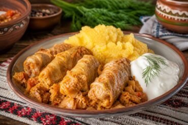 Romanian sarmale cabbage rolls with pork and rice, sour cream, dill, and golden polenta.