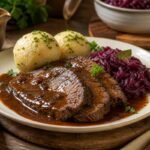 German sauerbraten with tender beef, dark gravy, red cabbage, potato dumplings, and herbs.