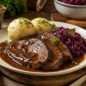 German sauerbraten with tender beef, dark gravy, red cabbage, potato dumplings, and herbs.