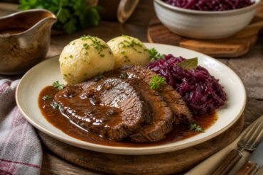 German sauerbraten with tender beef, dark gravy, red cabbage, potato dumplings, and herbs.