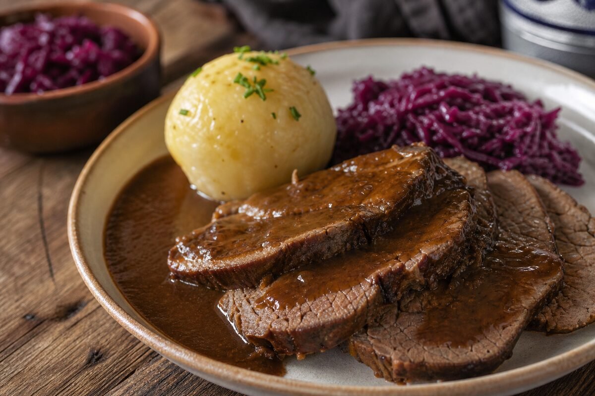 Close serving of German sauerbraten showing tender beef slices, glossy gravy, potato dumpling, and red cabbage.
