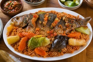 Senegalese thieboudienne with tomato rice, fish, carrots, cabbage, cassava, eggplant, and herbs.