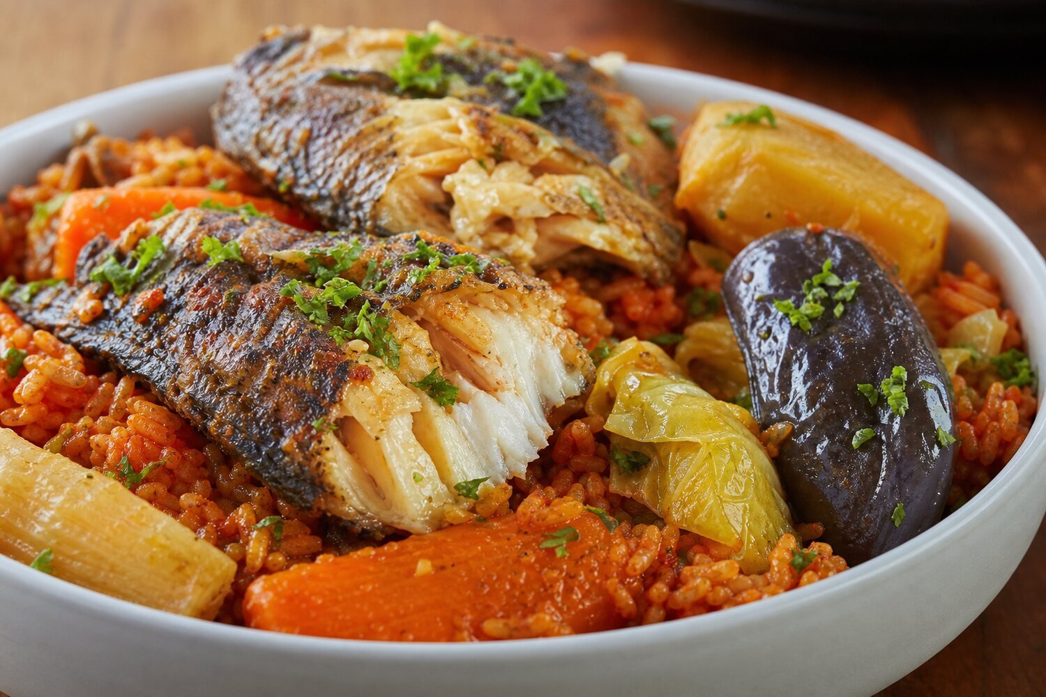 Close-up Senegalese thieboudienne with flaky fish, tomato rice, carrots, cabbage, cassava, and eggplant.