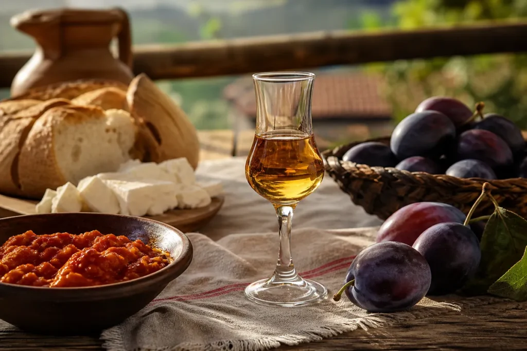 A small glass of Serbian plum rakija with ripe plums and a rustic Balkan table setting.
