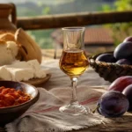 A small glass of Serbian plum rakija with ripe plums and a rustic Balkan table setting.
