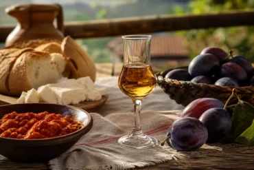 A small glass of Serbian plum rakija with ripe plums and a rustic Balkan table setting.