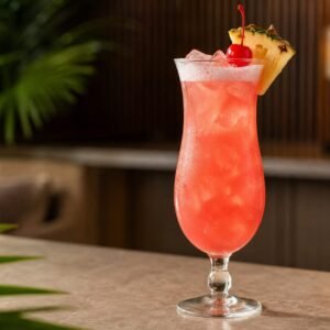 A rosy Singapore Sling cocktail with ice, light foam, pineapple, and a cherry.