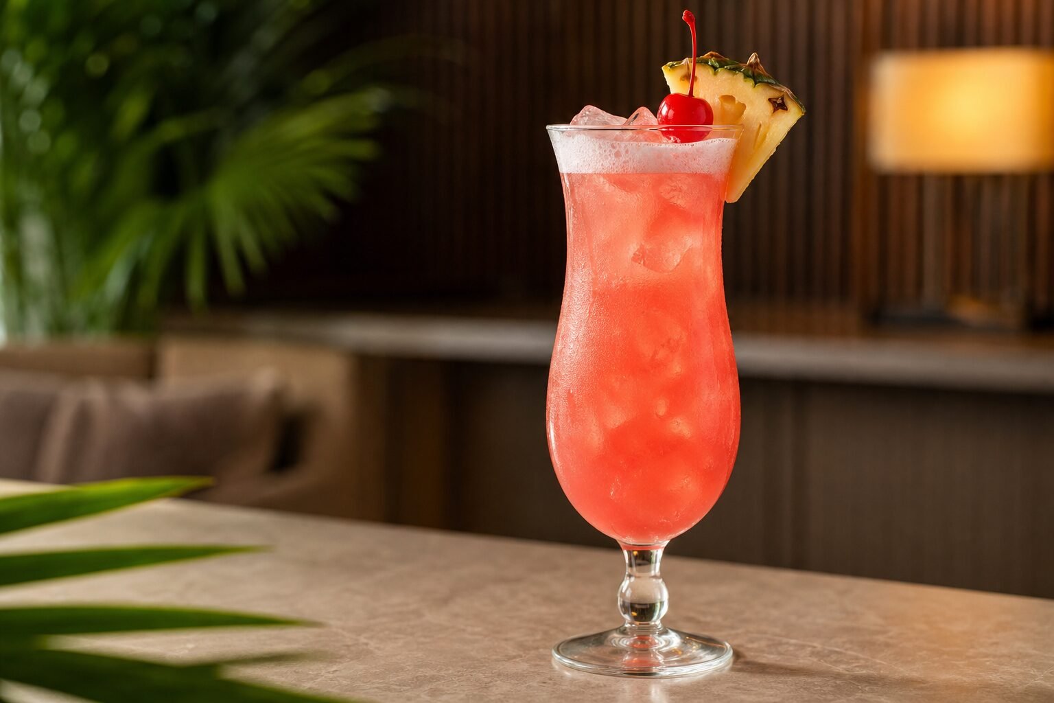 A rosy Singapore Sling cocktail with ice, light foam, pineapple, and a cherry.