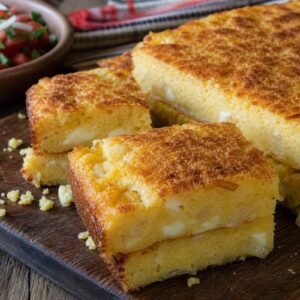 Slices of golden Paraguayan sopa paraguaya cheese cornbread on a rustic wooden board.