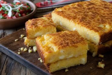 Slices of golden Paraguayan sopa paraguaya cheese cornbread on a rustic wooden board.