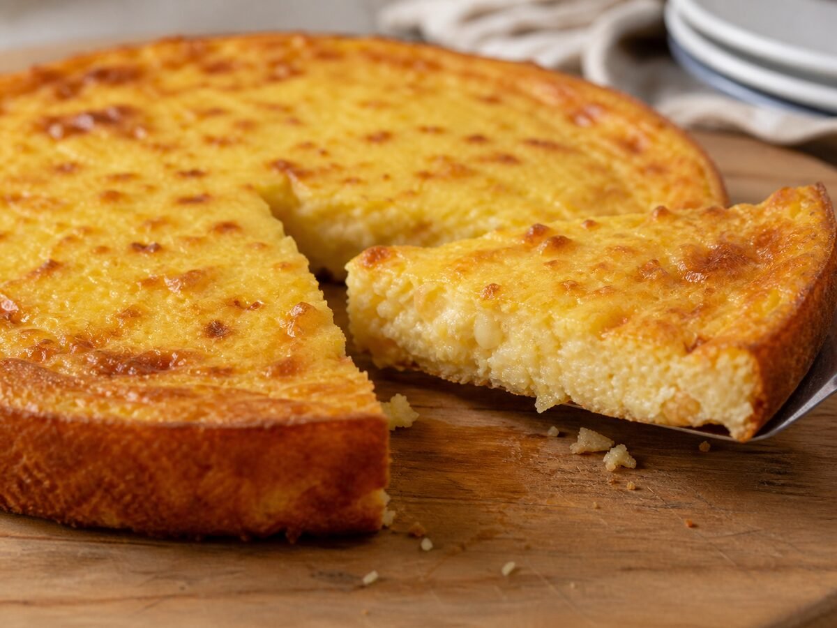 A close-up slice of Paraguayan sopa paraguaya showing its moist cornmeal crumb, melted cheese, and browned crust.
