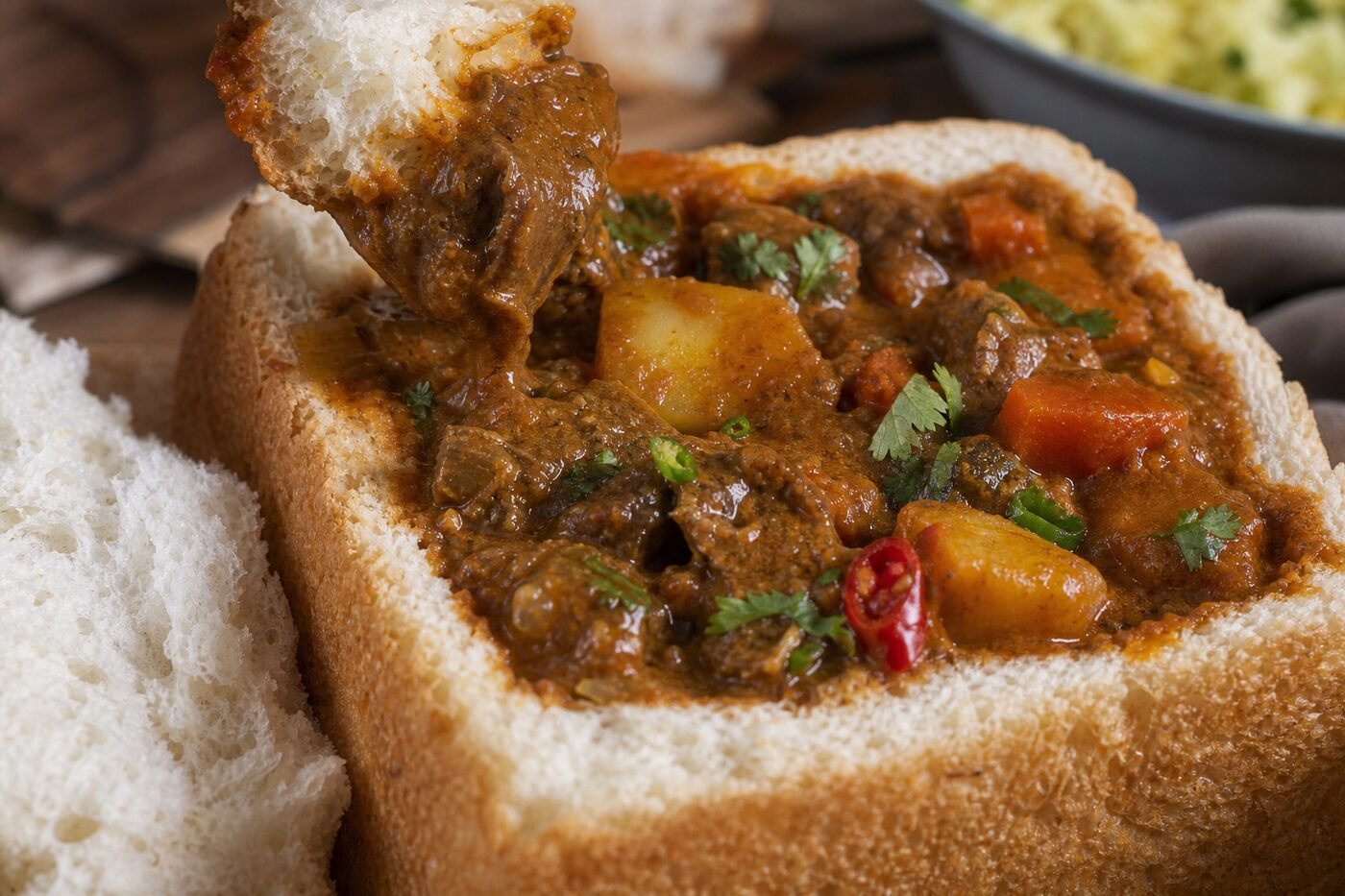 Close-up of South African bunny chow with thick lamb curry, potatoes, carrots, chili, and bread.